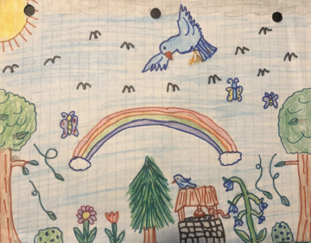 child artwork of a bird flying over a rainbow. There are trees and flowers at the bottom of the page