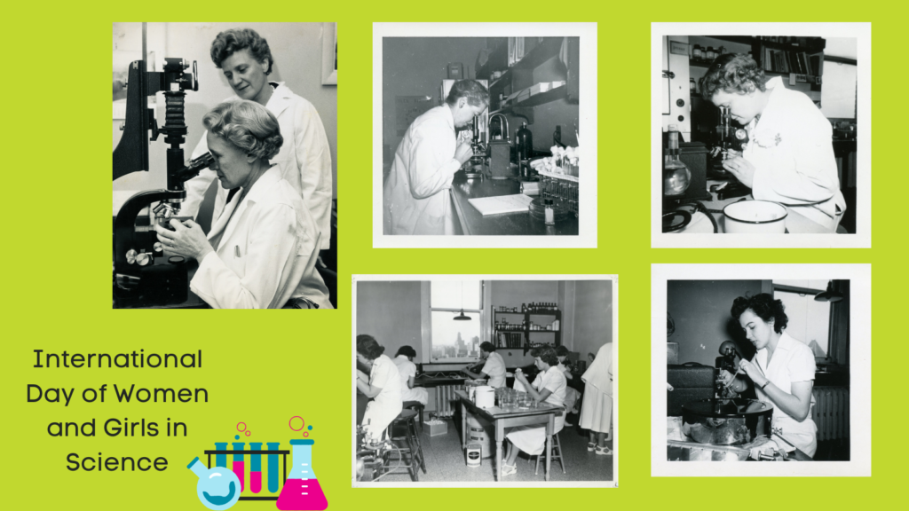 collage of black and white photos of women working in the lab