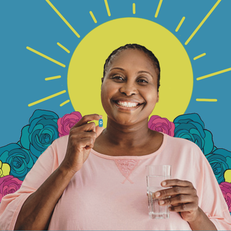 a woman smiling and holding a glass of water and a pill labeled "D" with a sun in the background
