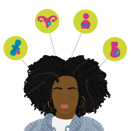 graphic of a woman with bubbles containing icons of feminine images including pads, a uterus, pregnancy, and a baby