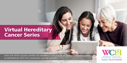 A middle-aged woman, a young girl, and an older woman are smiling and looking at a tablet, with the text "Virtual Hereditary Cancer Series" written next to them on a pink banner. 