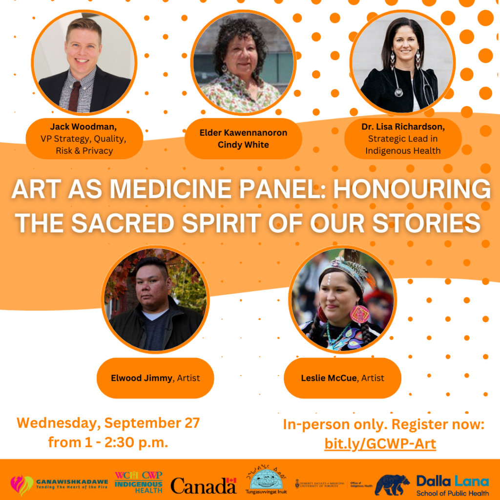 Art as Medicine Panel: Honouring the Sacred Spirit of Our Stories.

Opening Remarks: Jack Woodman, VP Strategy, Quality, Risk & Privacy
Traditional Opening & Closing: Elder Kawennanoron Cindy White
Moderator: Dr. Lisa Richardson, Strategic Lead in Indigenous Health
Panelist: Elwood Jimmy, artist
Panelist: Leslie McCue, artist